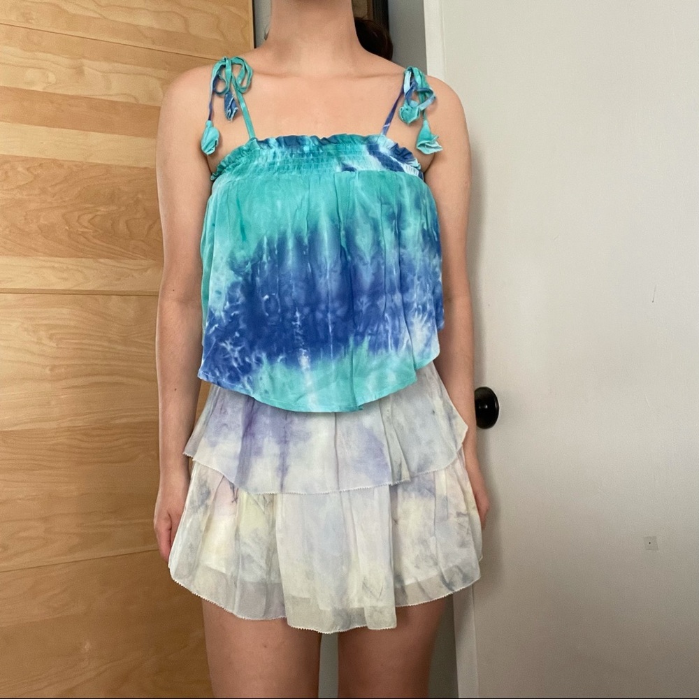 Olivaceous smocked tie strap dye tassel crop cami